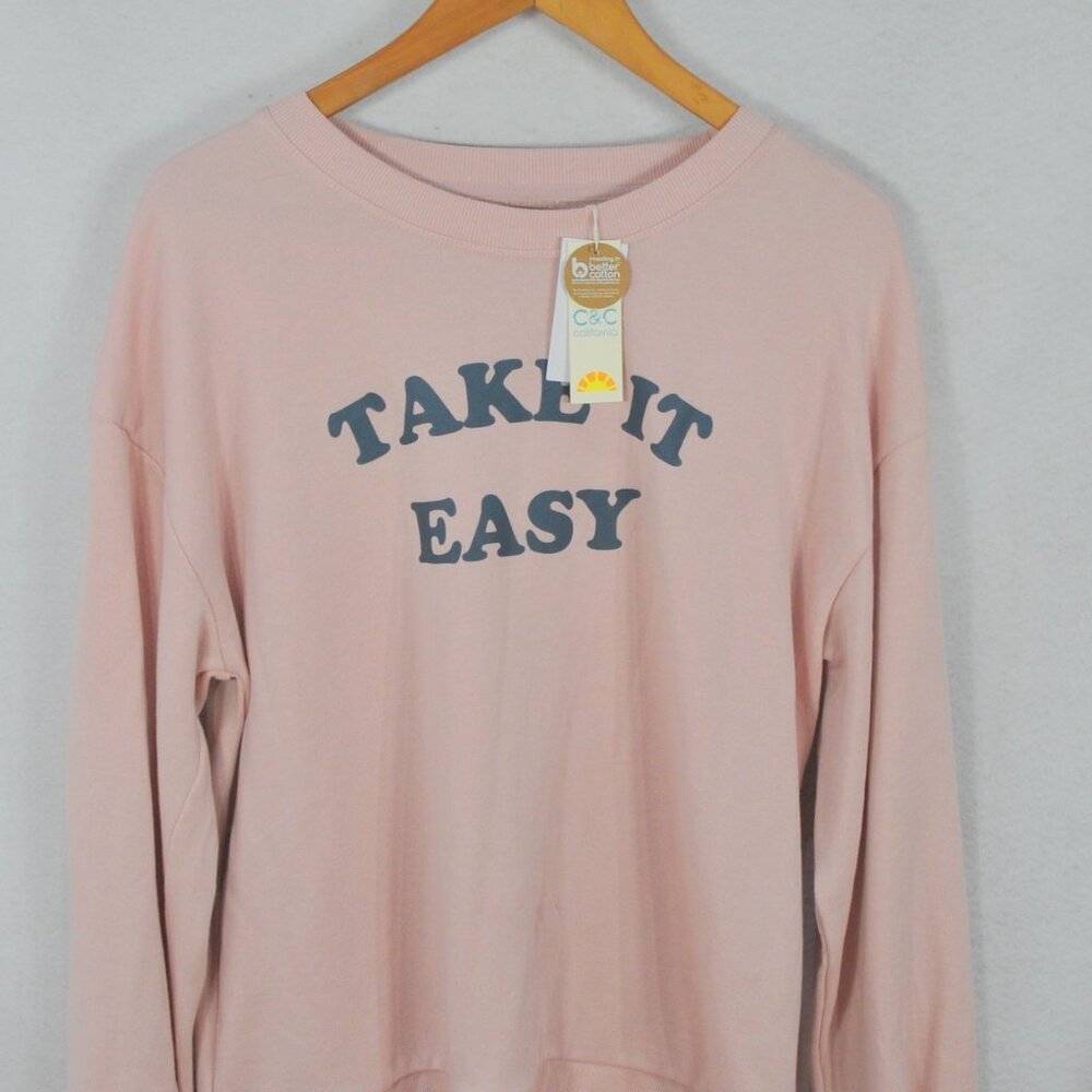 C & C California Women's Sweatshirt L Pink Rose Take It Easy Terry Shirt Top